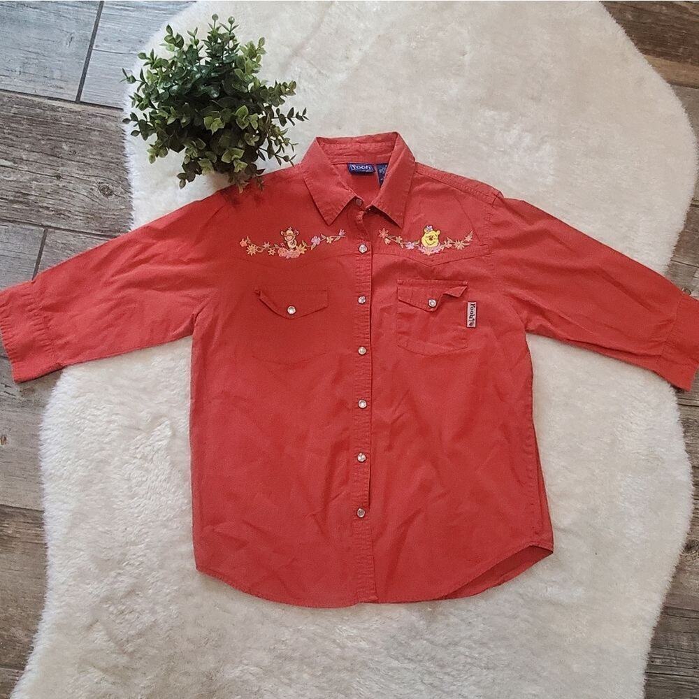 Disney Winnie the Pooh Red-Orange Snap-Button Blouse, Size Small